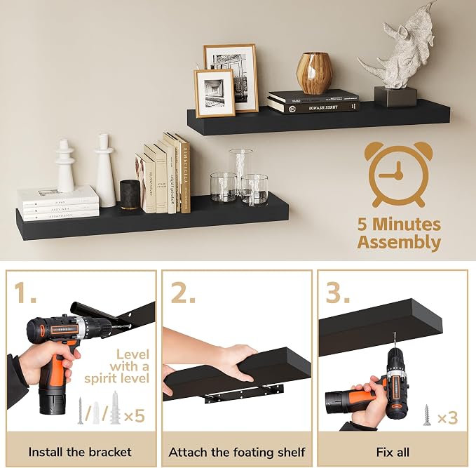 BAMEOS Bamboo Floating Shelves Wall Mounted Wooden Shelves with Invisible Brackets Set of 2, Hanging Wall Decor for Bedroom, Bathroom, Living Room and Kitchen