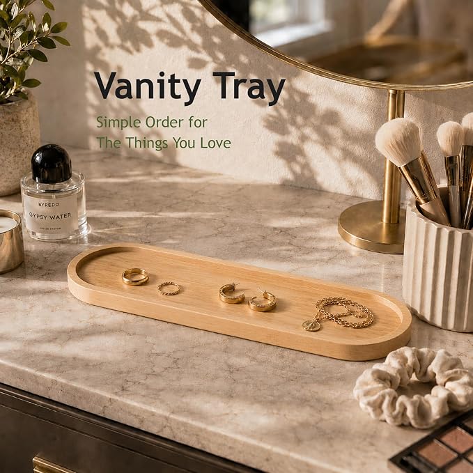 SheeChung Bathroom Counter Tray, Small Bamboo Vanity Tray - 14" x 3.9" | Decorative Kitchen Countertop Organizer for Soap Dispenser, Perfume, Jewelry, Catchall, Makeup, Candle, Coffee Table