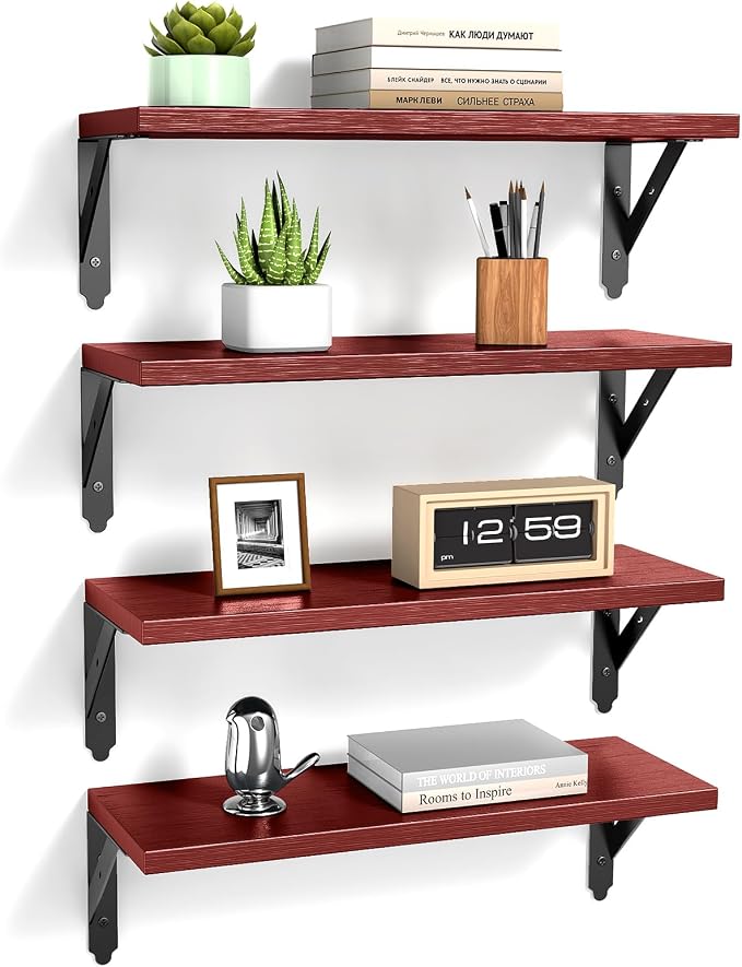 ROMGUAR CRAFT Wood Floating Shelves Set of 4, Rustic Storage Decor Wall Shelves, Wall Mounted Shelf for Living Room, Bedroom 17" x 6", Red