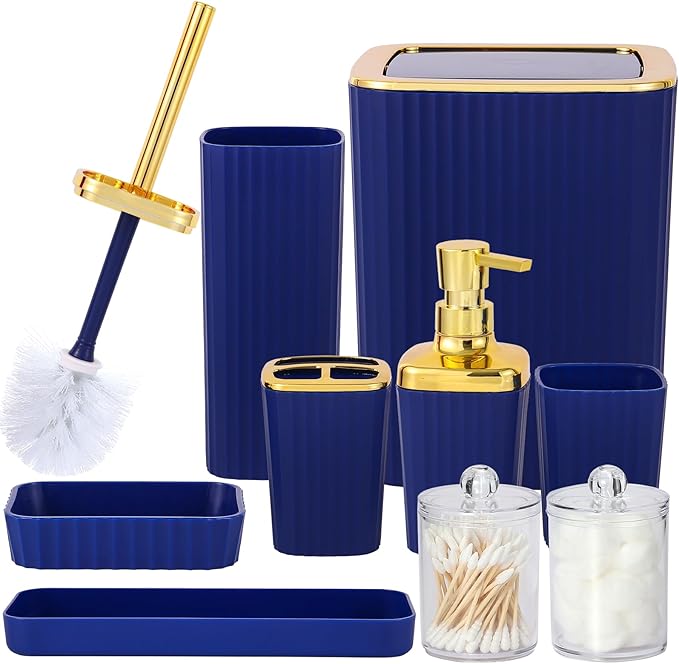 9 PCS Navyblue Bathroom Accessories Set with Trash Can Bathroom Accessory | All-in-One Kit with Trash Can,Toothbrush Holder,Soap Dispenser,Toothbrush Cup,Vanity Tray,Soap Dish,Toilet Brush etc for Home