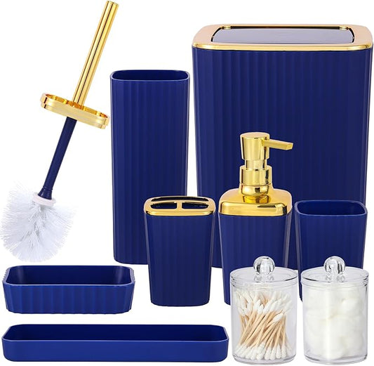 9 PCS Navyblue Bathroom Accessories Set with Trash Can Bathroom Accessory | All-in-One Kit with Trash Can,Toothbrush Holder,Soap Dispenser,Toothbrush Cup,Vanity Tray,Soap Dish,Toilet Brush etc for Home