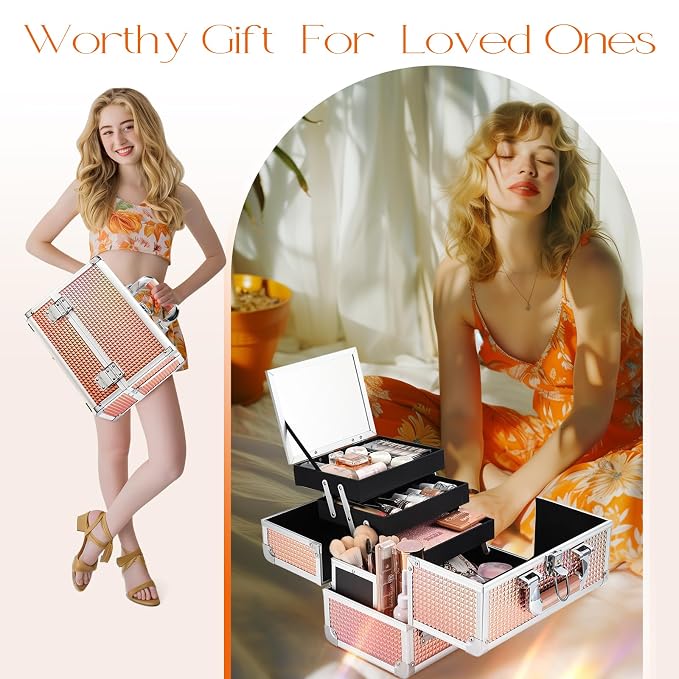 Joligrace Dazzle Gold Makeup Train Case, 3-Tier Makeup Box Organizer and Portable Makeup Organizer Box, Hard Makeup Case with Mirror and Lock, Professional Makeup Case for Women