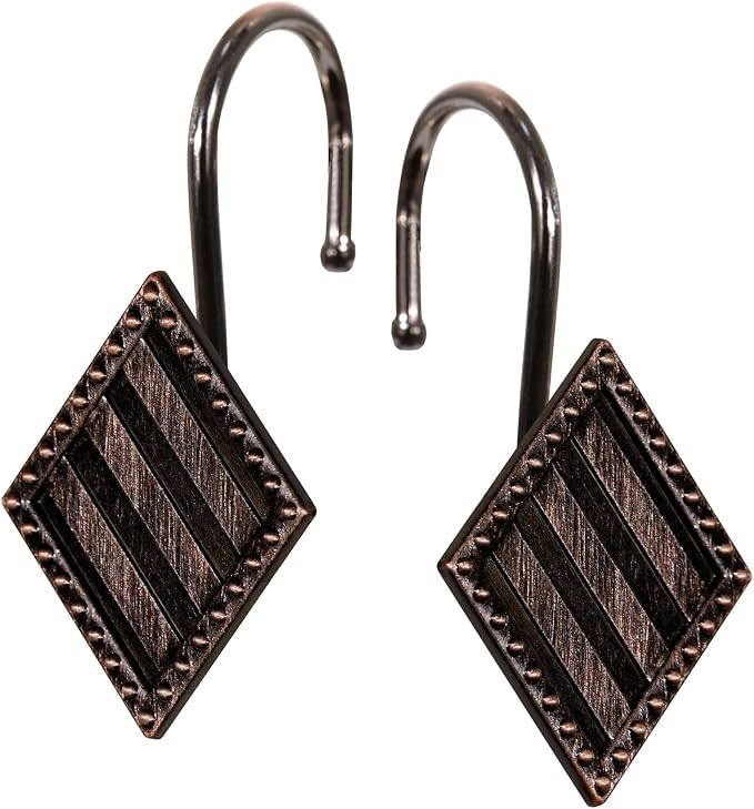 Vintage Bronze Shower Curtain Hooks: 12PCS Geometric Bathroom Curtain Ring | Elegant Rust Proof Metal Diamond Shower Hooks, Stylish Decorative Curtain Rod Hangers for Modern Bathroom Decor