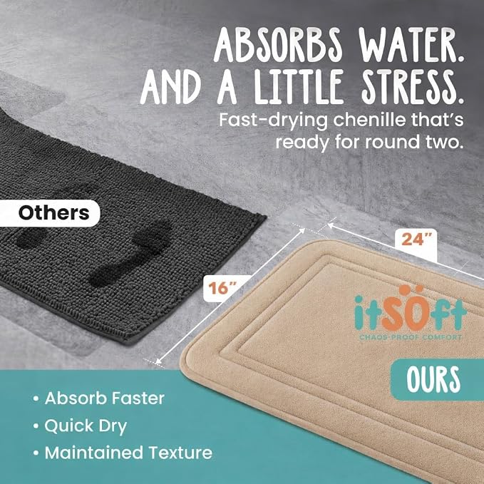Memory Foam Bath Mat 24x16, Non Slip, Machine Washable, Quick Dry & Absorbent Rugs, Bath Mats for Bathroom Floor, Tub & Shower, Bathroom Rug, Beige