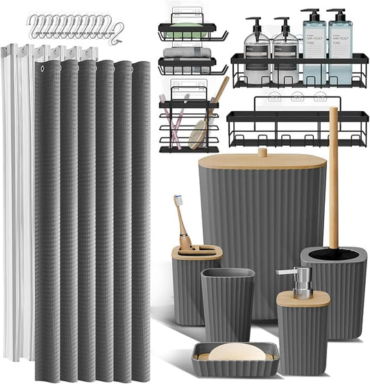 Clara Clark Bathroom Set, Shower Curtain Set and Shower Caddy Hanging | 25 Piece Grey Bathroom Accessories Set with Toothbrush Holder, Soap Dispenser, Soap Dish, Toilet Brush, and Trash Can