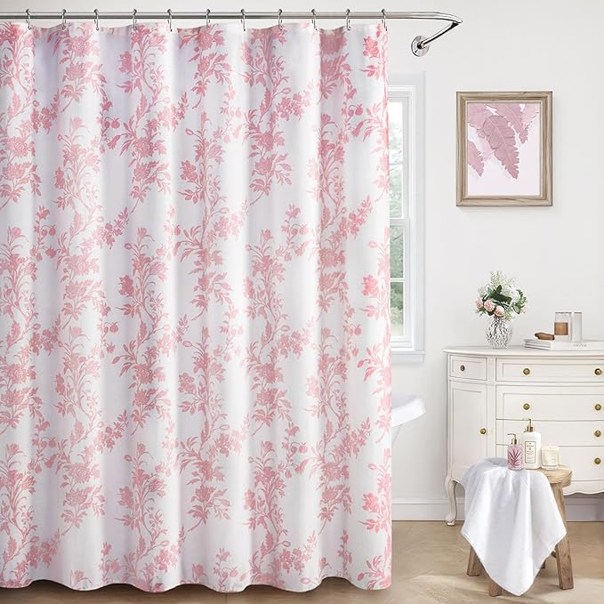 Pink Floral Shower Curtain,Vintage Cotton Cottagecore Shower Curtains for Bathroom, 72" W x 72" L