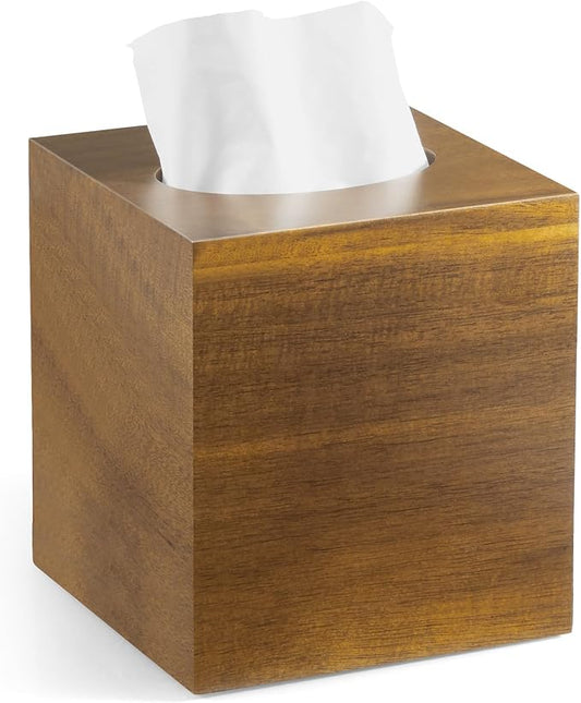 Acacia Wood Tissue Box Cover - Square Thick Tissue Box Holder for Cube Boxes, Smooth Polished Decorative Wooden Tissue Holder for Bathroom, Bedroom, Dining Table, Kitchen or Office