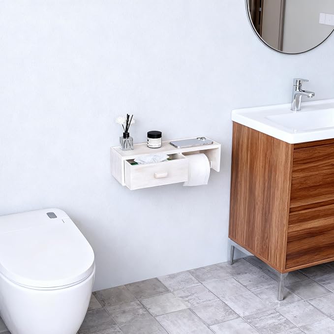 Bamboo Toilet Paper Holder with Shelf, Vintage White Wall Mount Bathroom Holder with Wet Wipes Storage Drawer
