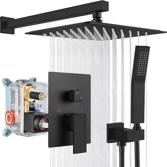 gotonovo Shower Faucet Set with Handheld Spray Matte Black,12'' Head | SUS304 Rainfall Shower Head and Handle Set System Fixture,Pressure Balance Valve Trim Kit,Single Handle,Wall Mount,All Metal