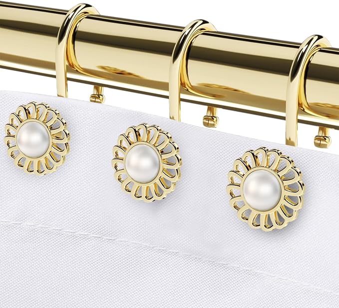 Gold Shower Curtain Hooks Rings, Decorative Shower Curtain Hangers, Heavy Duty Metal Shower Rings, Sunflower Shower Hooks for Shower Curtain Rod and Liner, Bathroom Curtain Hooks, Luxury Gold, iToplin | 4mm zinc wire, pearl inlaid sunflower, anti-fall ...