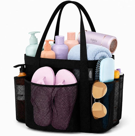 Double Handles Mesh Shower Caddy Portable for College Dorm Essentials, 8 Pockets Large Capacity Shower Organizer for Girls, Quick-Dry Hanging Toiletry Bag for Bathroom Travel, Black