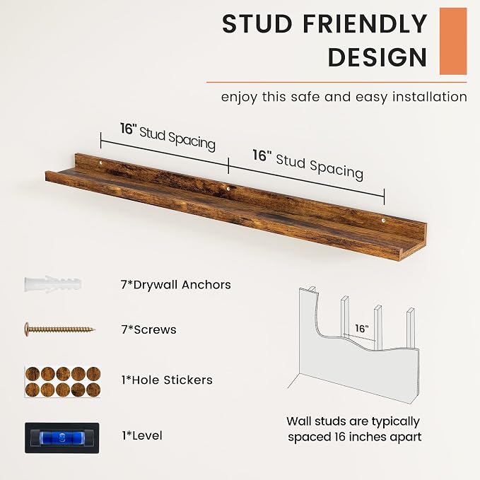 Picture Ledge Shelf, Floating Shelves Set of 2, 40 Inches Nursery Book Shelves for Toys Storage, Kids Bookshelf Wall Mounted for Living Room Bedroom Decor Books Photo Frames, Rustic Brown