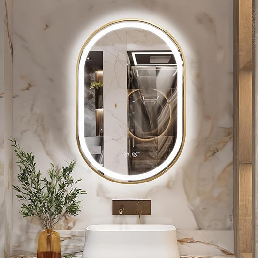 Oval LED Bathroom Mirror, Backlit + Front Lit Vanity Mirror Gold Frame | 3 Color Dimmable, Anti-Fog, 36"x24", Memory Function, Shatter-Proof, HD Glass, Pill-Shaped Mirror, Vertical or Horizontal