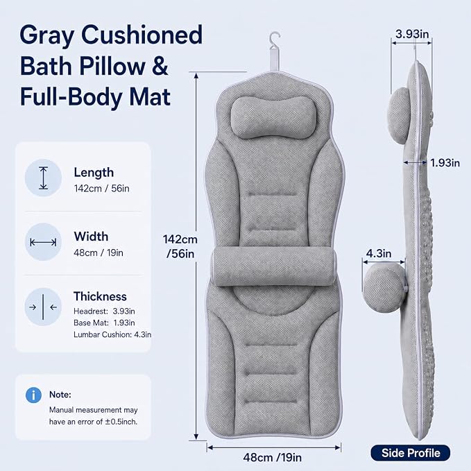 Full Body Bathtub Pillow with Lumbar Support, 5D Air Mesh Bathtub Cushion for Soaking Tub, 168 Suction Cups Full Bath Pillow for Post-Yoga Spa, Deep Relaxation & Romantic Baths Grey Big