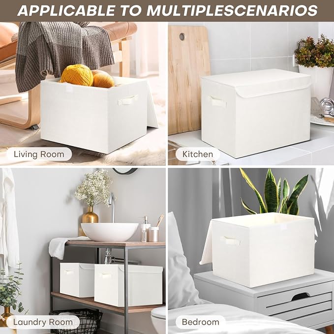 Large 42 Quarts Fabric Storage Bins with Lids [2-Pack] Linen Collapsible Foldable Storage Cubes, Closet Organizer Containers boxes with Handles for Home Office (16.7 x 12 x 12, White)