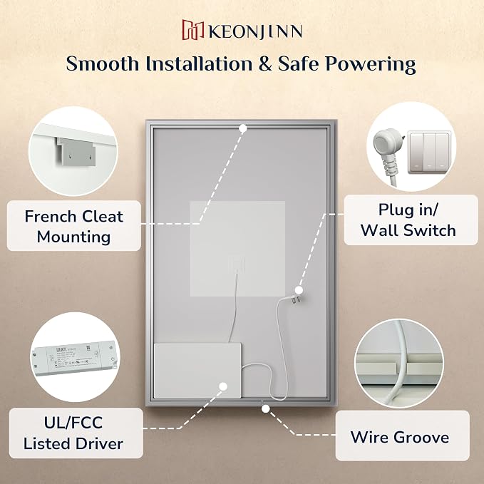 Keonjinn 40"x30" LED Backlit Mirror, Lighted Bathroom Mirrors for Over Sink | Tempered Glass Beveled Edge, Dimmable 3 Color Lights, Defogging, Memory Function, Effortless French Cleat Installation, Salon