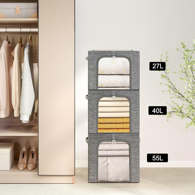 GoMaihe Baby Clothes Storage Bins with Metal Frame 27L 3-Pack Grey | Kids Toddler Child Clothing & Towels Small Items, Closet Top Shelf Boxes, Collapse-Proof Stackable, Clear Window Dual Access