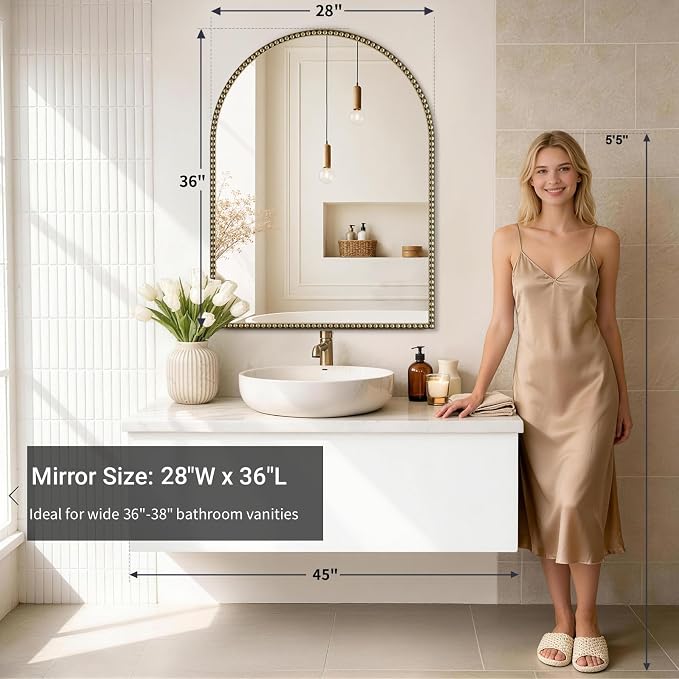 Arched Beaded Mirror, 28"x36" Champagne Bronze Mirror for Bathroom | Gold Arched Vanity Wall Mirrors with Brass Antique Metal Frame for Over Sink,Entryway,Bedroom,Living Room Fireplace Mantel