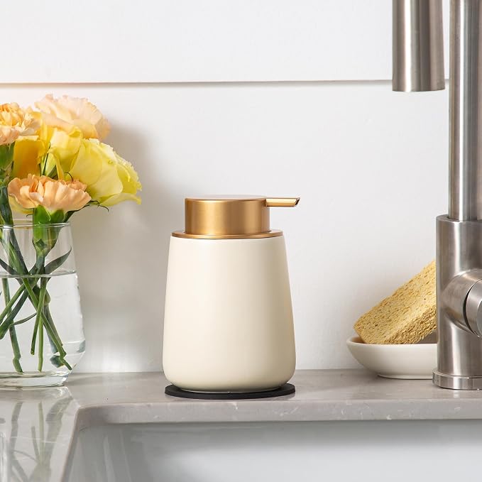 Enra Foam Soap Dispenser, Beige Foaming Hand Soap Dispenser Gold Pump | 12oz Refillable Design with Easy-Press Pump.Modern Style Enhances Sinks,Countertops, Kitchens and Bathroom Spaces.