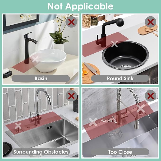 17.7-Inch Silicone Faucet Mat for Kitchen Sink Splash Guard, 7° Slope | 17.7"x5.5" water draining mat with fasten button; 1.6-2.75" customizable hole for bathroom, RV & kitchen sink drip catcher.