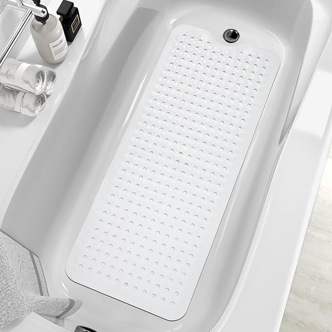 MOONFLY Shower and Bathtub Mat,40x16 Inches,Extra Long Non Slip Mats with Suction Cups and Drain Holes, Machine Washable and Anti Slip Bathmats, Bathroom Mats for Tub Nonslip (White)