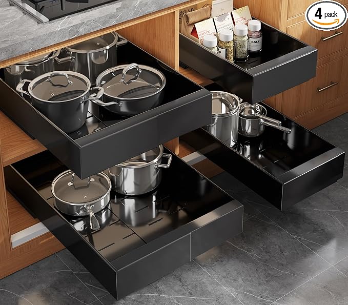 Seinloes 4 Pack Expandable Pull Out Cabinet Organizer 21" Deep With Raising Pad for Framed Cabinets,Upgrade 3 Slide Rails Slide Out Drawers,No Drill Roll Out Shelves,Adjustable Width 9"-14" Black