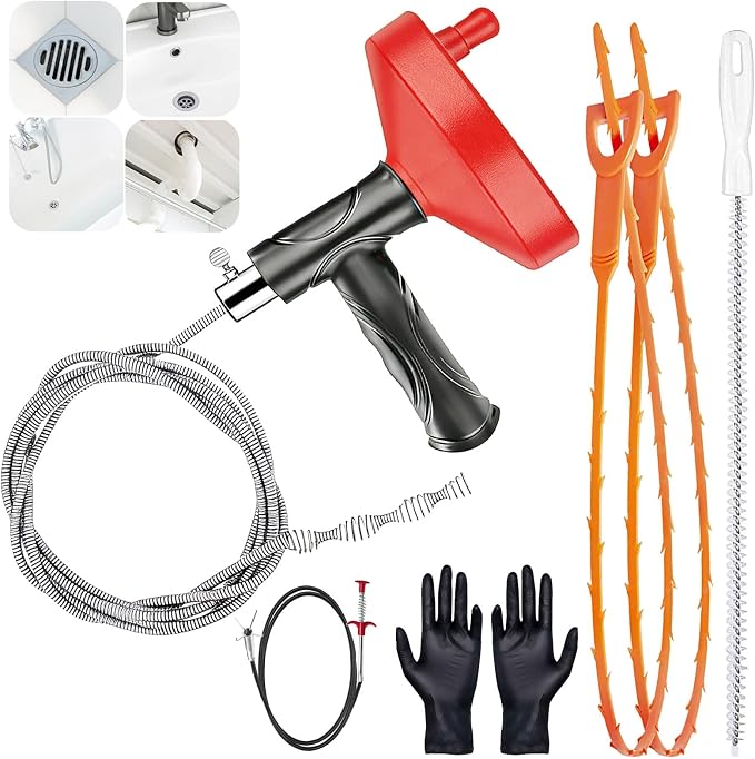 Drain Snake Auger 33 Ft, Plumbing Snake Drain Hair Clog Removal Tool, Heavy Duty Snake Auger, Sink Unclogger Drain Cleaner Tool for Bathroom Kitchen Tub Shower Drain Clog Remover with Gloves