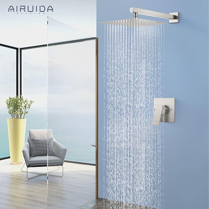 Airuida Shower Faucet Set,12 Inch Shower Valve Kit,Brushed Nickel | Male Threads,Rough-in Valve Shower Trim Kit,Single Handle Control Shower Set
