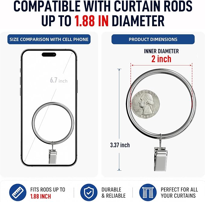 Lansian 44 Pack Curtain Rings with Clips Hooks 2 in Diameter Rustproof | Metal Stainless Steel Drapery Rings for Tension Rod Bracket Eyelets Decorative Hanger, Fits 1.88 in Rods, Shiny Silver