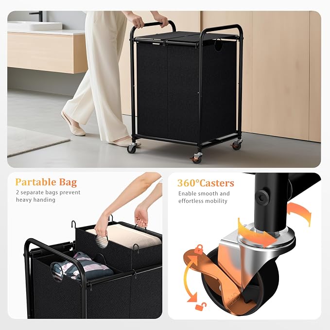 120L Laundry Sorter 2 Section, Rolling Laundry Basket with Wheels ＆ Lid | 31.7 Gal Laundry Hamper, 2 Separated Removable Bags, Lockable Wheels, Dirty Clothes Hamper for Laundry Room, Bedroom, Black