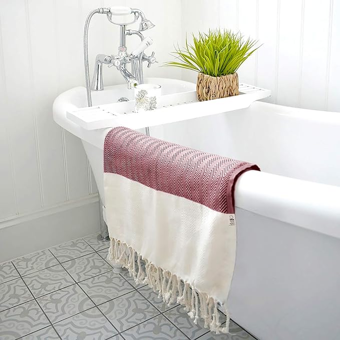 Beach Towel, 100% Cotton, 71x39 in, Herringbone Maroon