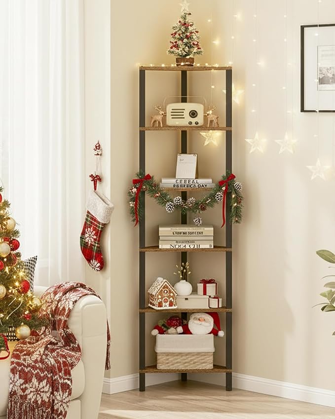 TUTOTAK Corner Shelf, 6-Tier Corner Bookshelf for Small Space | Narrow Display Corner Shelf Stand with Storage Rack, for Living Room, Bedroom, Rustic Brown BS05BB006