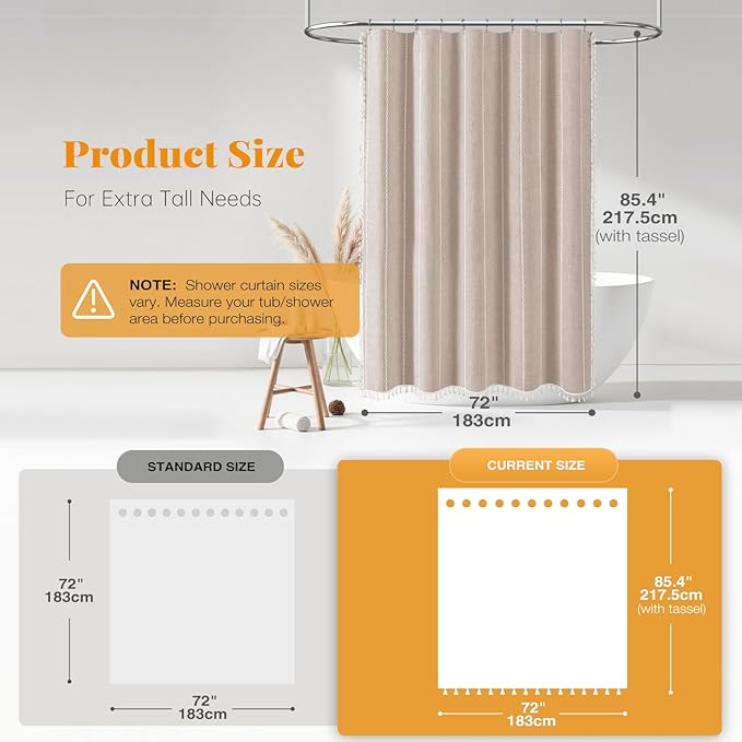 72x84 Long Boho Farmhouse Linen Heavy Duty Shower Curtain, Tan/Taupe | Tall Size, 330GSM Linen Blend, Water Repellent, Vintage Striped Fabric, 12 Plastic Hooks, Rustic Country, Machine Washable