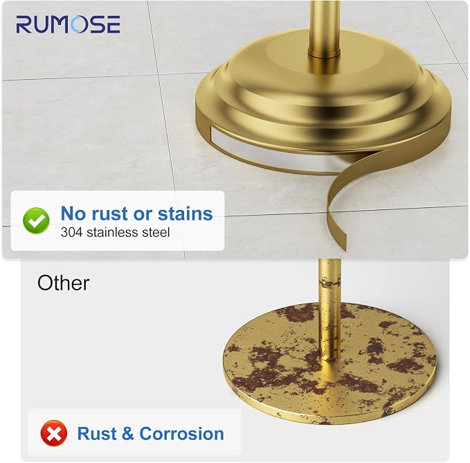 RUMOSE Toilet Paper Holder Stand for Floor Free Standing, Gold | Bathroom Freestanding Toilet Tissue Roll Holder with Storage, Adjustable 17-25 Inch, Rustproof, SUS304 Stainless Steel