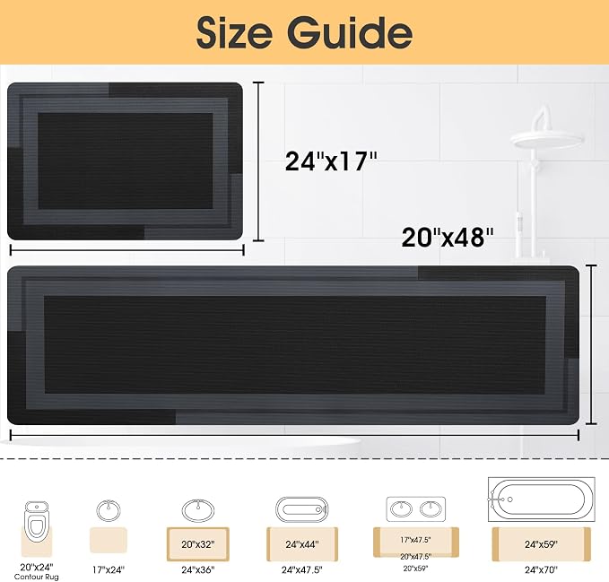 Non Slip Bath Mat, Thin Bathroom Rugs Fit Under Door, Quick Dry Bath Mats, Machine Washable Bath Rugs for Bathroom, Bathtub & Kitchen, Bathtub, Black/Bordered/24 x17+48"x20"