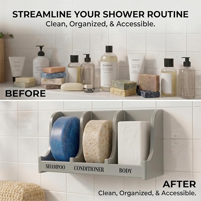 Soap Holder for Shower Wall, 3-Compartment Soap Dish for Shampoo, Conditioner and Body Soap, Fast Draining & Rust-Proof & Heavy Duty, Ultra-Strong Adhesive for Long-Term Bathroom Use & Freestanding