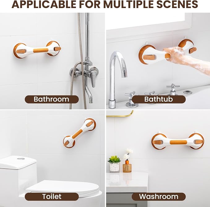 TAILI Suction Shower Grab Bar,Shower Handles,2 Pack 12.2" Wood Grain | Bathroom Grip Bar Heavy Duty Handrails,No Drilling Removable Waterproof,Safety for Bathtubs,Toilet,Elderly&Seniors,G9