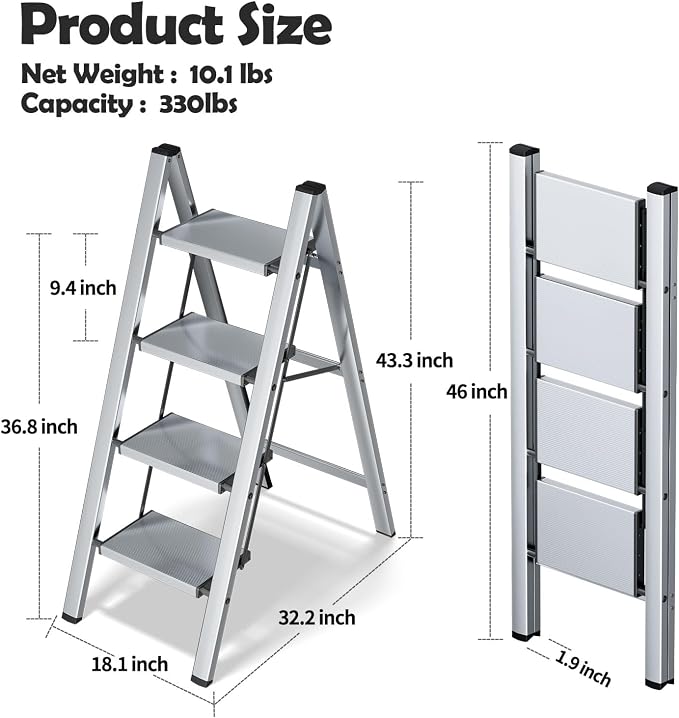 Taranta 4 Step Stool Foldable,Aluminum Step Ladder-Sliver | Lightweight,Wide Anti-Slip Pedals,Folding Step Stool,330lbs Capacity Stepladder for Household,Kitchen,Office