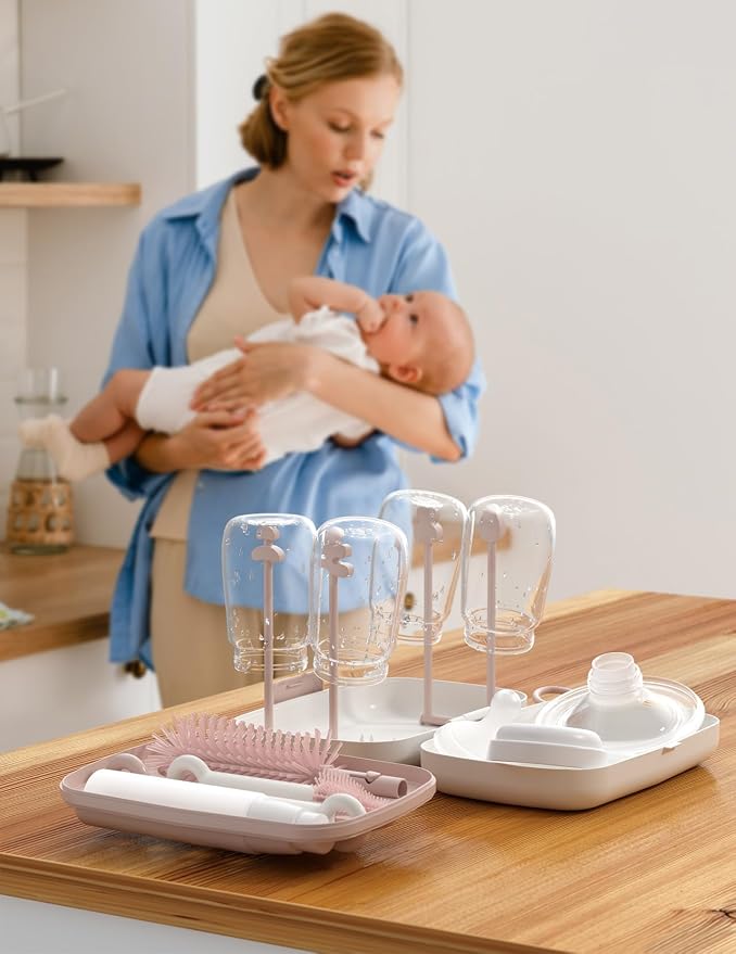 Momcozy 7-in-1 Baby Bottle Brush Set with Drying Rack, Pink | Silicone Nipple Straw Brushes, Soap Dispenser Storage Box, Foldable Drain Rack, Portable Bag, BPA-Free, Home & Travel