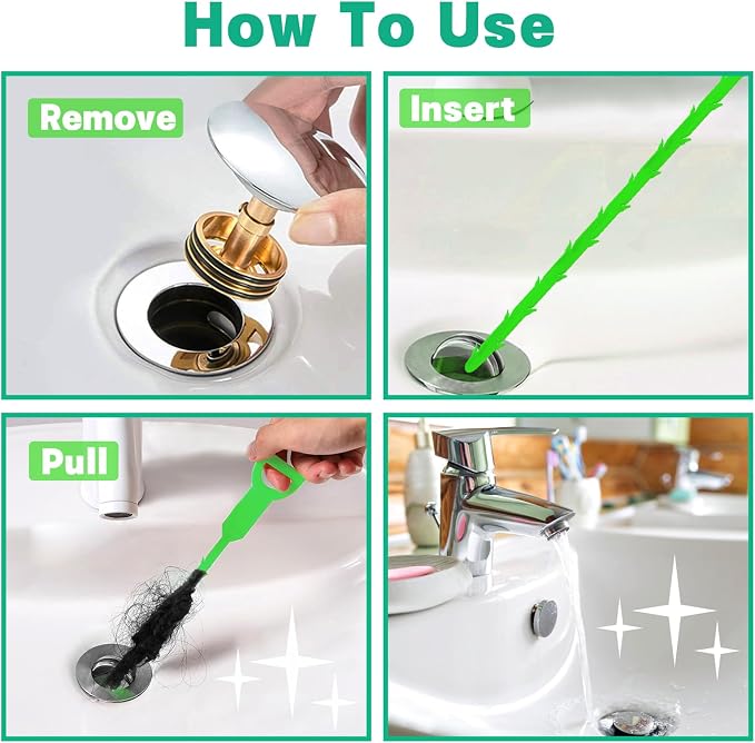 Drain Snake Hair Drain Clog Remover - 3 Pack Shower Sink Unclogger Tool | Green Flexible Drain Snake Removes Hair Clogs from Sink, Shower, and Bathtub Drains to Restore Water Flow