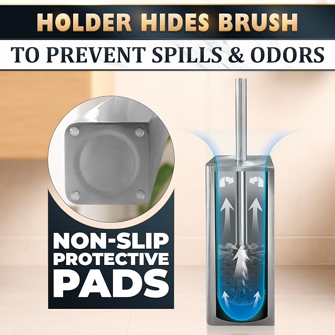 Toilet Brush and Holder Set, Stainless Steel, Replaceable Head (Silver) | Stainless Steel Toilet Bowl Brush and Holder with 2 Rounded Corners, Removable Inner Bowl & Splash Guard Cover