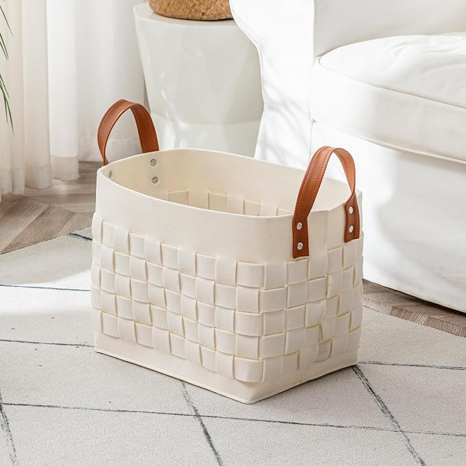 Blankets Basket 16.5 " x13 x13 , Large Rectangular Laundry Hamper with Leather Handle, Soft Dog Toy Basket for Storage-Beige