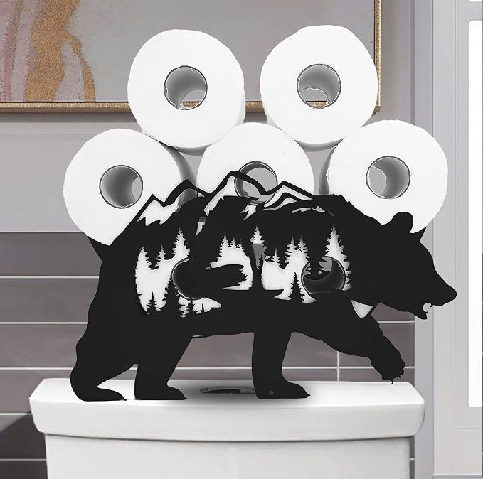 Black Bear Metal Toilet Tissue Holder - Funny Animal Paper Holder for Bathrooms - FreeStanding Organizer Holds Extra 8 Rolls