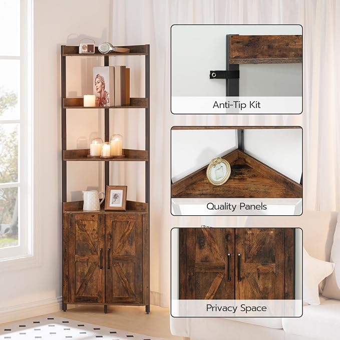 HOOBRO Corner Shelf with Storage, Tall Corner Cabinet, 5-Tier Bookshelf Stand, Storage Cabinet with Protective Fence, for Living Room, Rustic Brown and Black BF78CJ01