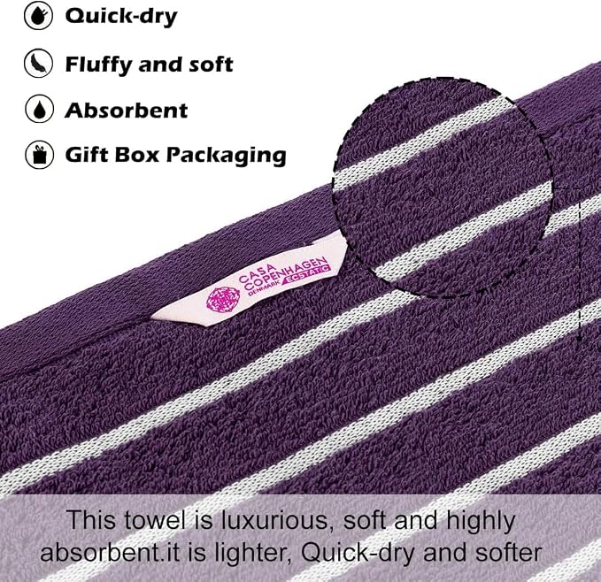 CASA COPENHAGEN Ecstatic 6Pcs 100% Egyptian Cotton Large Designer Towels Gift Set- Purple, 600GSM, 2Bath 2Hand 2Washcloths, Bath Towels for Bathroom Set for Women & Men