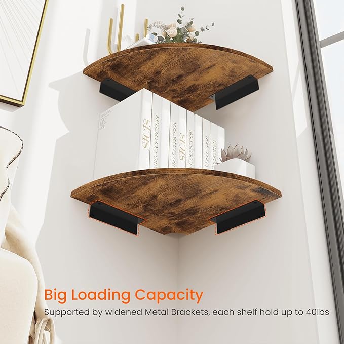 Corner Shelf Wall Mount, 12 Inch Wood Floating Corner Shelves with Cord Hole, Set of 2 Large Corner Hanging Shelves for Bathroom Bedroom Kitchen, Rustic Brown