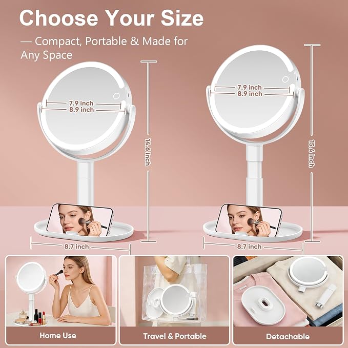 Rechargeable Lighted Makeup Mirror,10X Magnification, 8 Inch | 3 Adjustable Light Colors, Rechargeable Cordless Design, Adjustable Height, Storage Base with Phone Holder,Touch Control