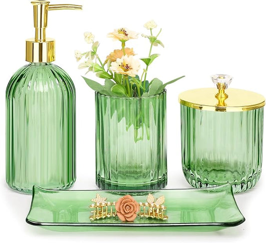 Haturi Glass Bathroom Accessories Set, Green Bathroom Set, 4 Pcs | Kit w/ Bathroom Soap Dispenser Set, Toothbrush Holder, Qtip Holder, Soap Dish, Green Bathroom Decor, Gift for Home Apartment