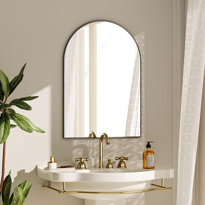 Arched Wall Mirror, 20 x 30 inch Arch Bathroom Mirror, Wall Mounted Vanity Mirror with Arch Metal Frame, Modern Bathroom Vanity Mirror for Bedroom, Living Room, Hanging or Leaning, Black