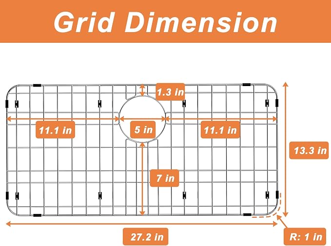 Sink Protector for Kitchen Sink,27.2 X 13.3 inch Sink Rack,Metal Sink Grate with Strainer,Stainless Steel Sink Grid for Bottom of Sink with Rear Drain Hole Dia 5",Corner Radius 1"